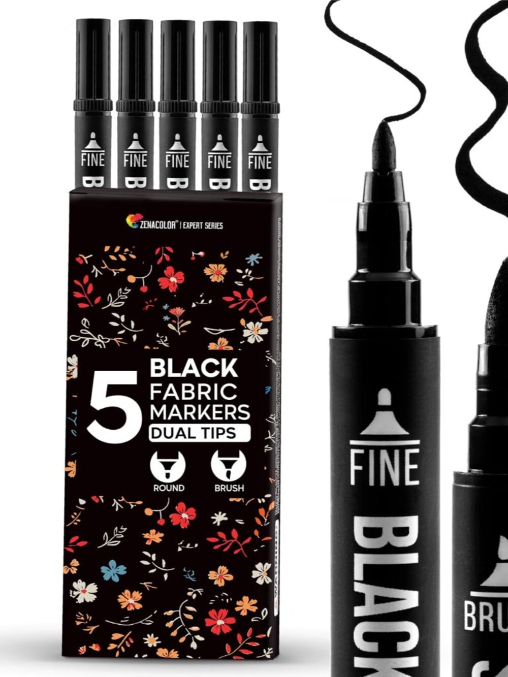 5 Black Fabric Markers Permanent for Clothes - Dual Tip
